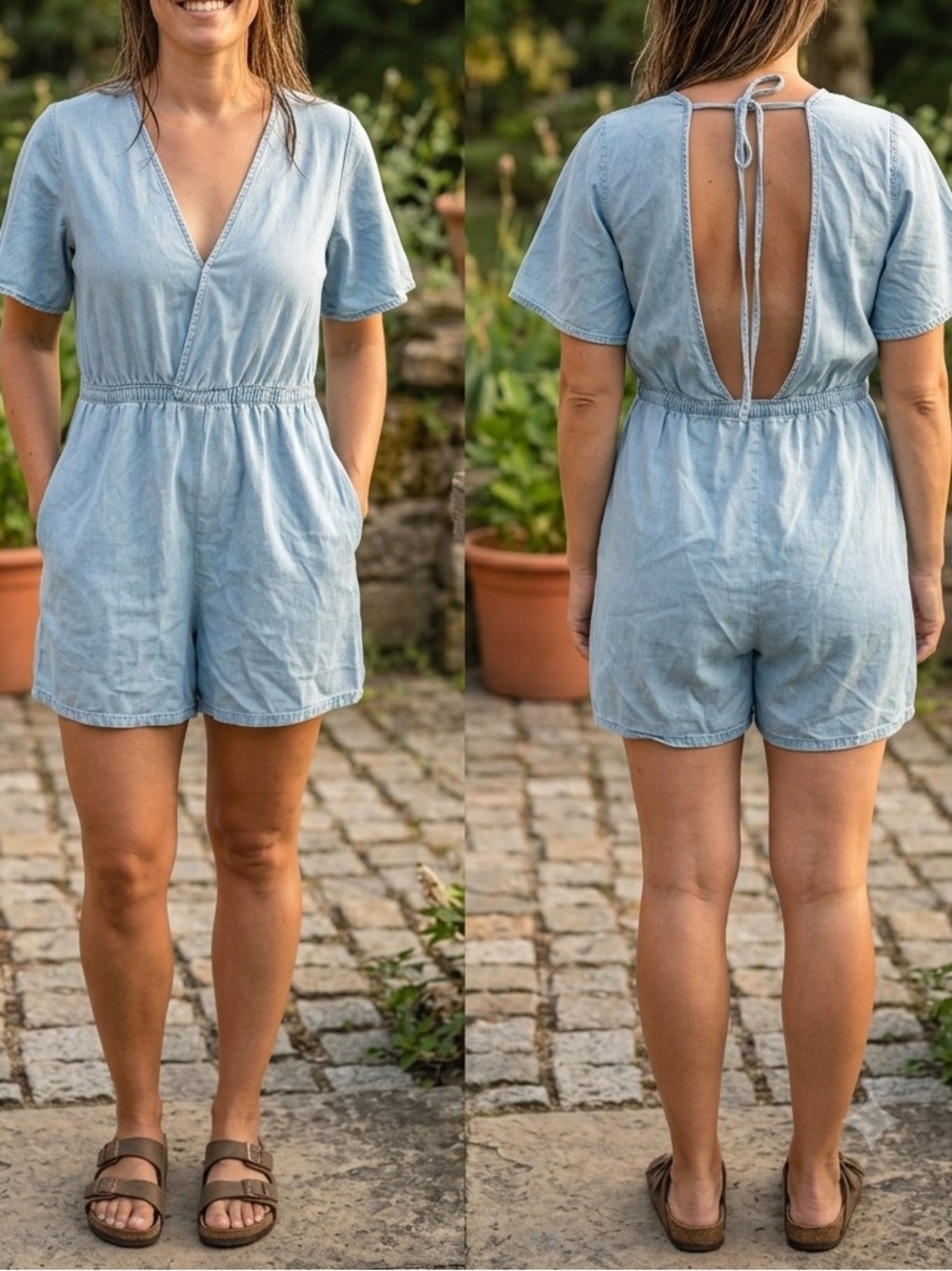 Light Wash Denim Romper with Open Back